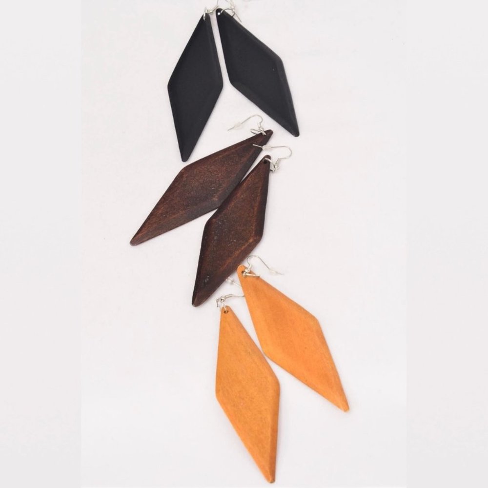 Wood Diamond Shape Earth Tone Earrings